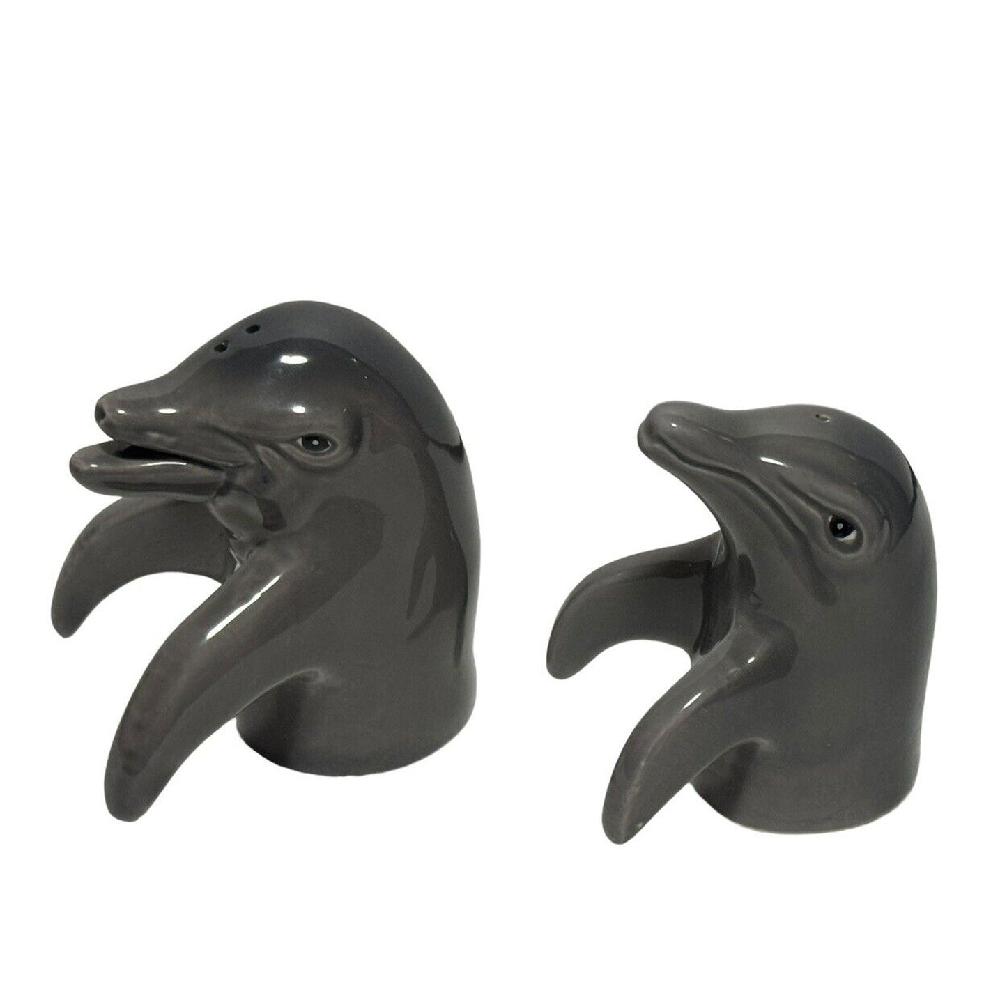 Vintage Mother & Baby Dolphin Salt and Pepper Shaker Set Gray Nautical Ceramic