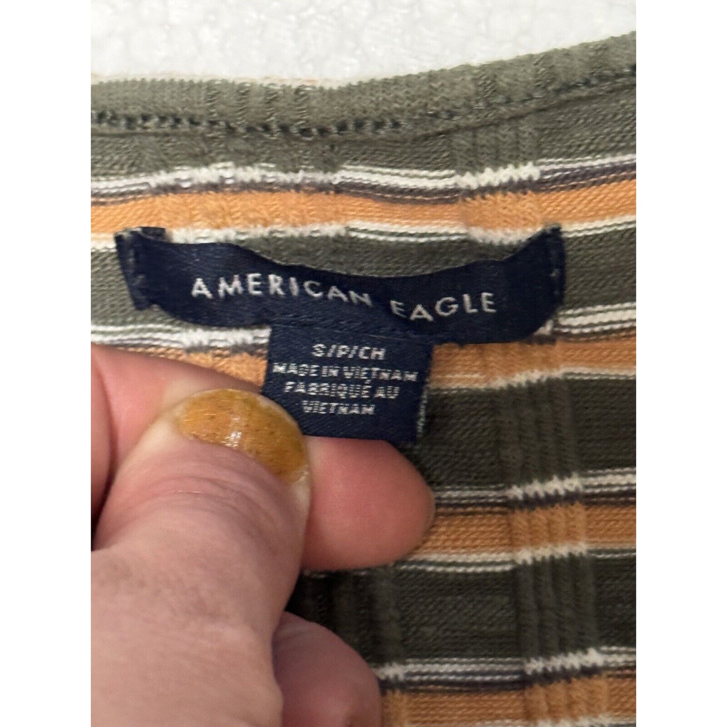 American Eagle Cropped Ribbed Striped Button Down Shirt Small Green Orange