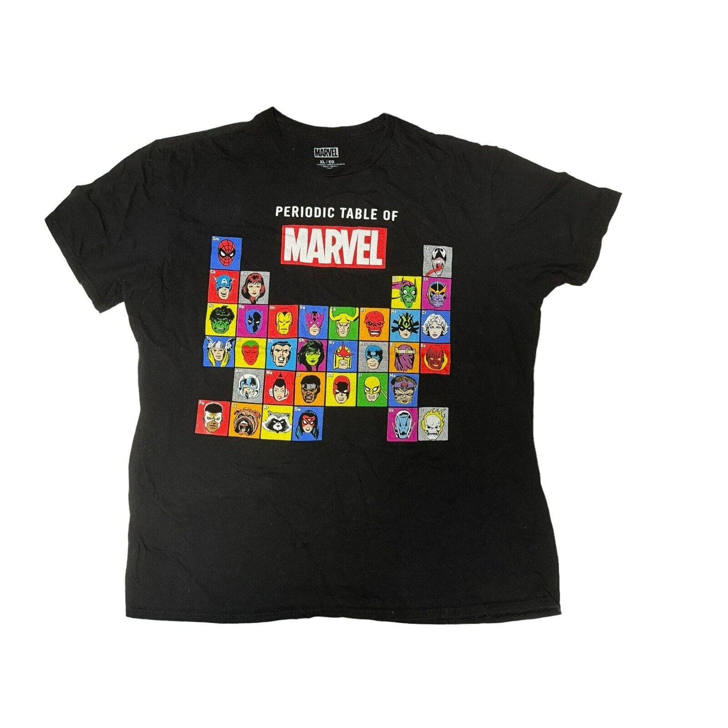 Marvel Mens Size XL Black Short Sleeve Periodic Table of Marvel Graphic T-Shirt