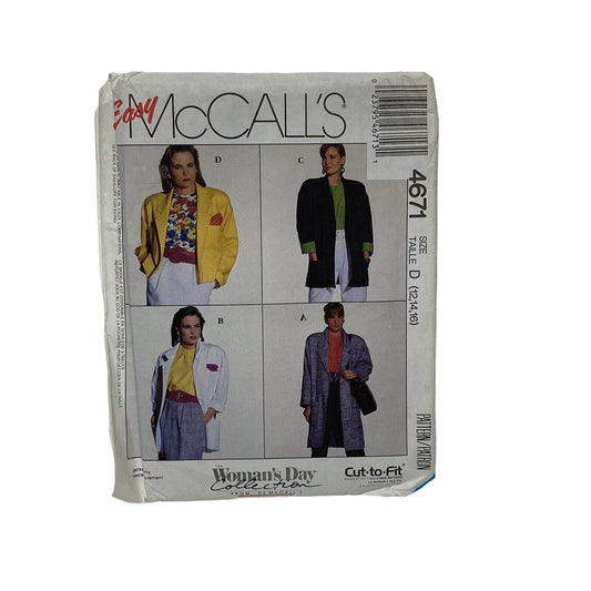Mccalls 4671 Misses Unlined Loose Fitting Jacket Sewing Pattern Size 12-16