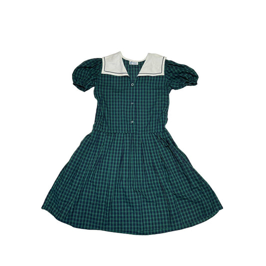 Vintage Monday’s Child Girls Collared Blue Green Plaid Dress Size 7 Puff Sleeves