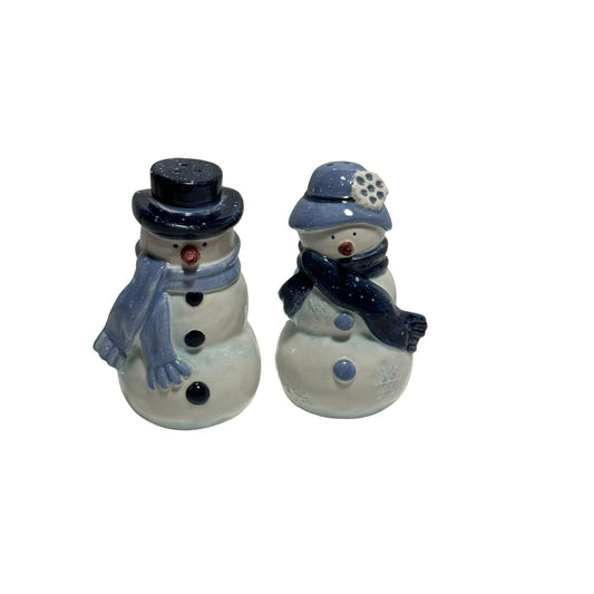 Vintage Snowman Snowwoman Blue White Salt & Pepper Shakers 4.5” Christmas