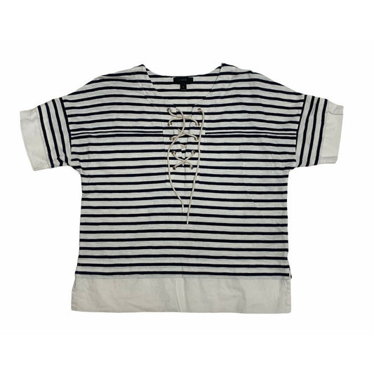 J. Crew Swingy Striped Poplin Lace Up Sailor T-Shirt Top Natuical C5969 Small