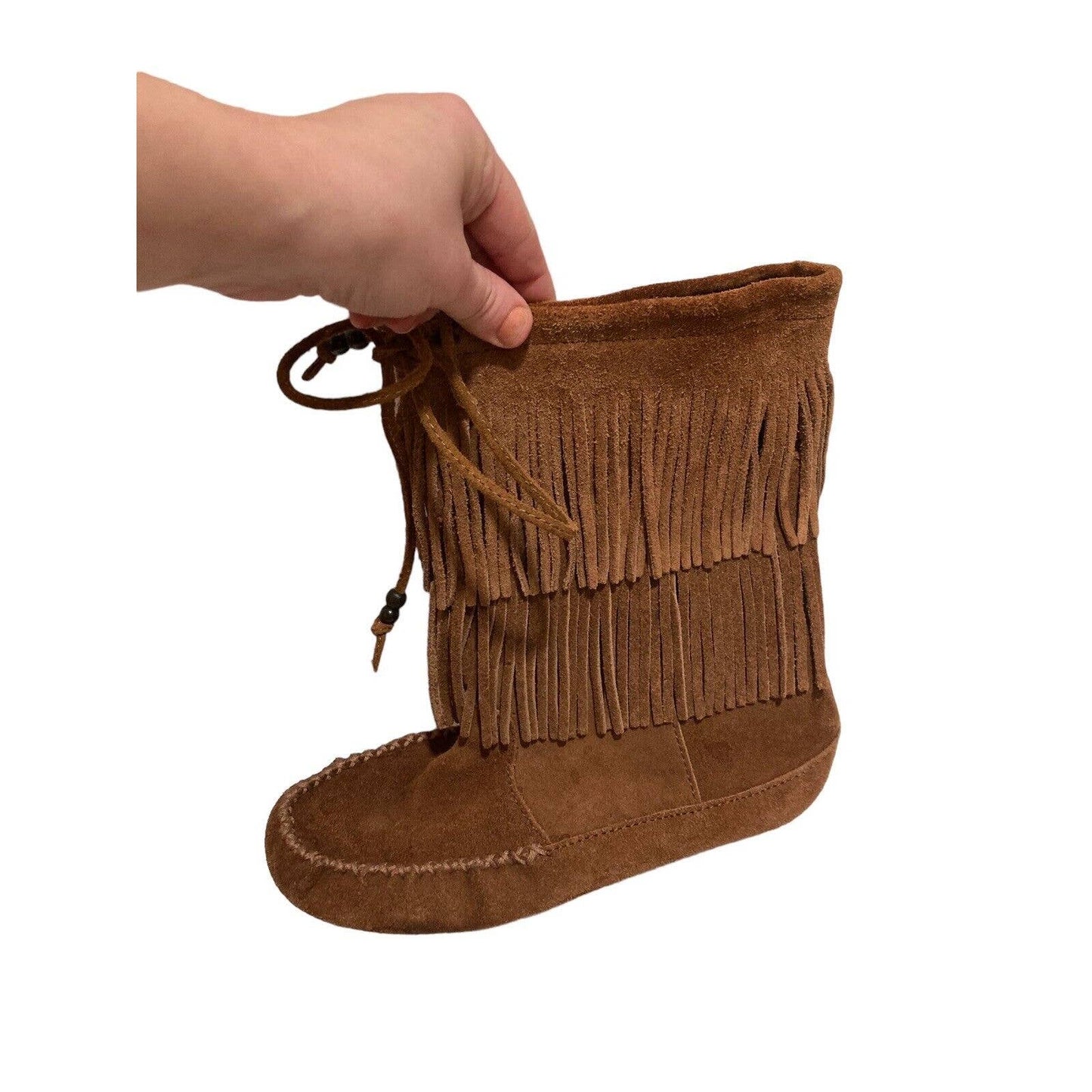Minnetonka Boots Fringe Mid Calf Camel Leather Suede Round Moc Toe Tie Size 6.5