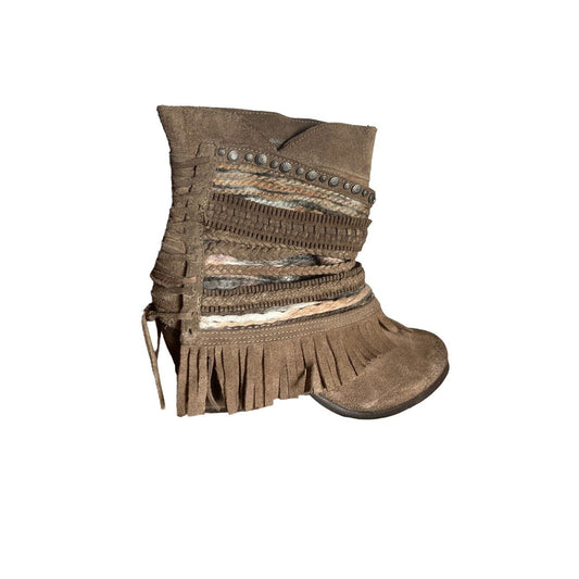 Naughty Monkey Poncho Ankle Boot Taupe Size 8 Leather Fringe Brown