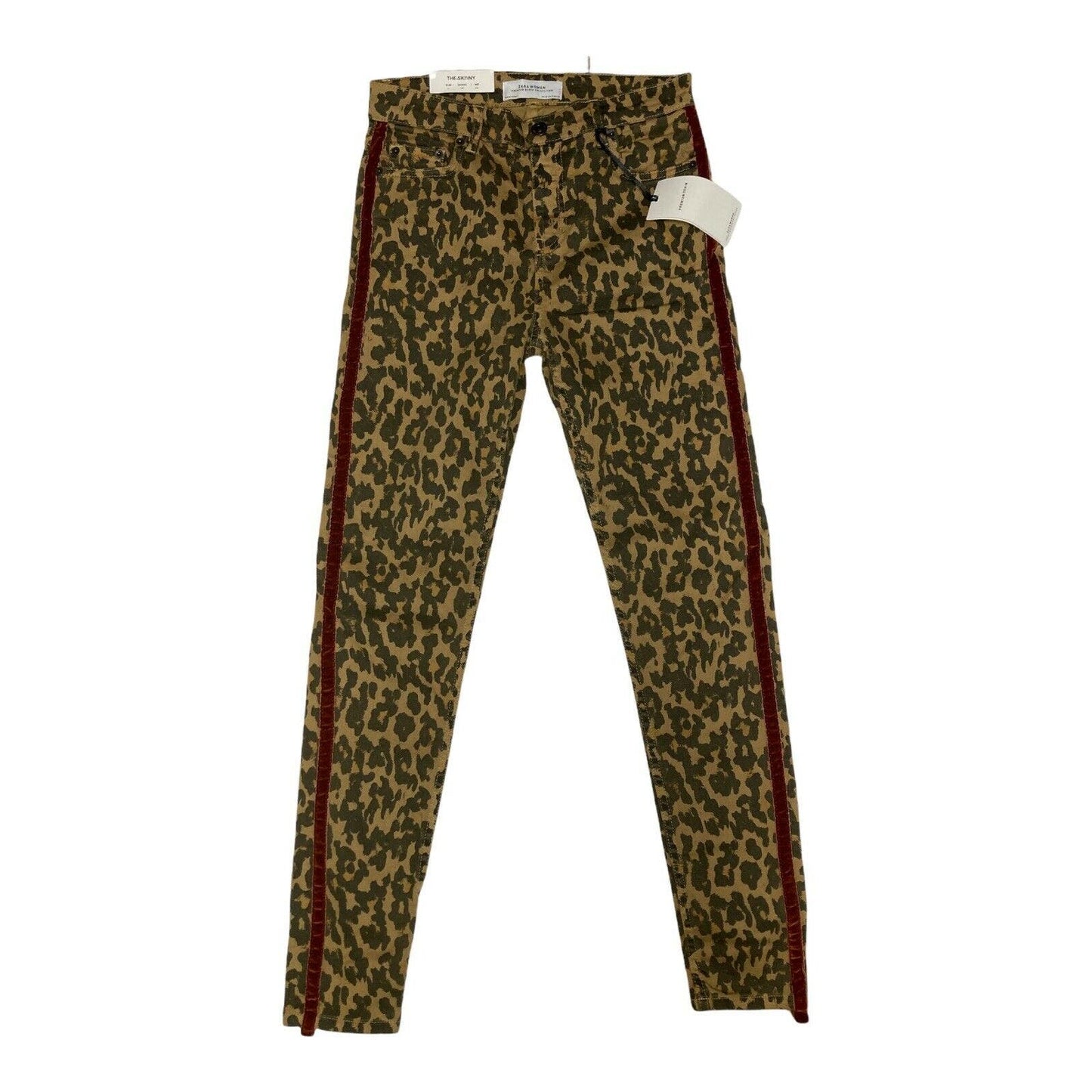 ZARA Woman Leopard Jeans Animal Print Skinny Red Velvet Stripe Size 4
