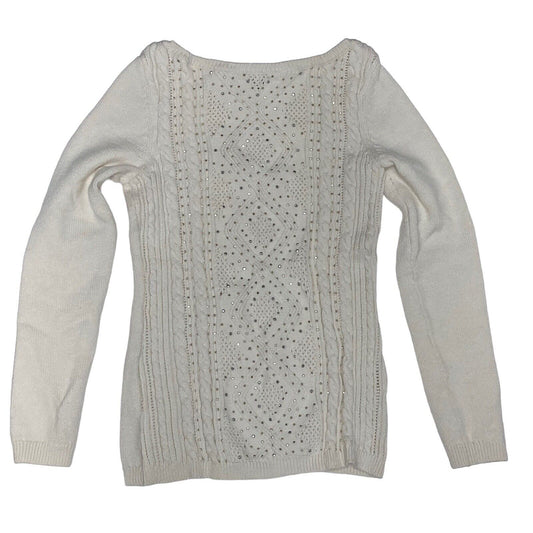 White House Black Market Cable Knit Rhinestones Sweater Size XS Ivory Off White