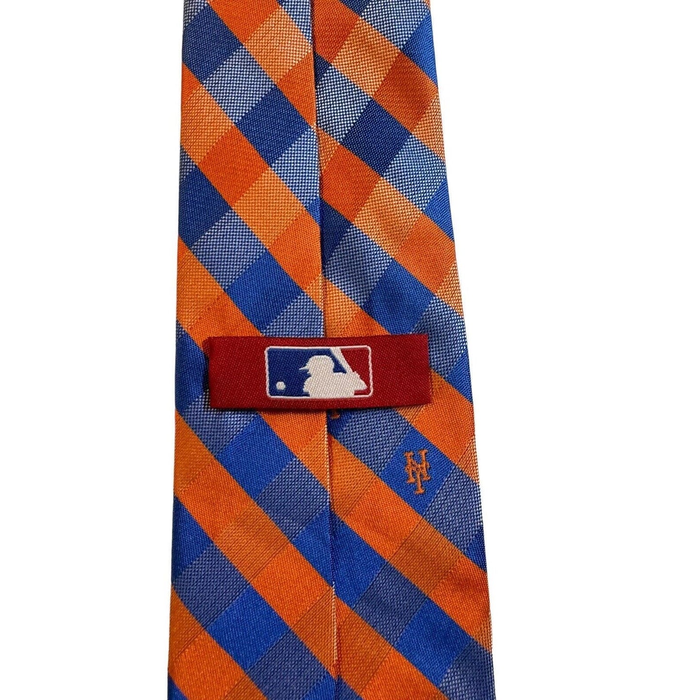MLB New York Mets Baseball Logo Checkered Pattern Novelty Necktie Blue Orange