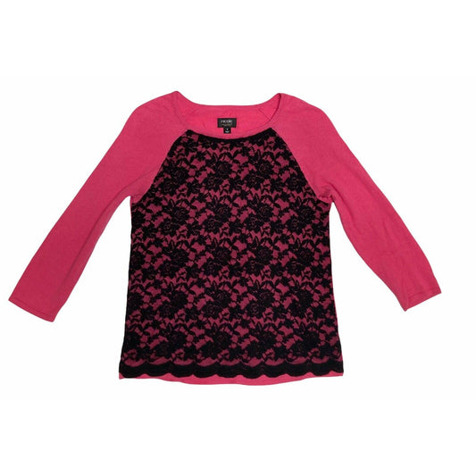 Nicole By Nicole Miller Pink 3/4 Sleeve Pullover Sweater Black Lace Roses Small