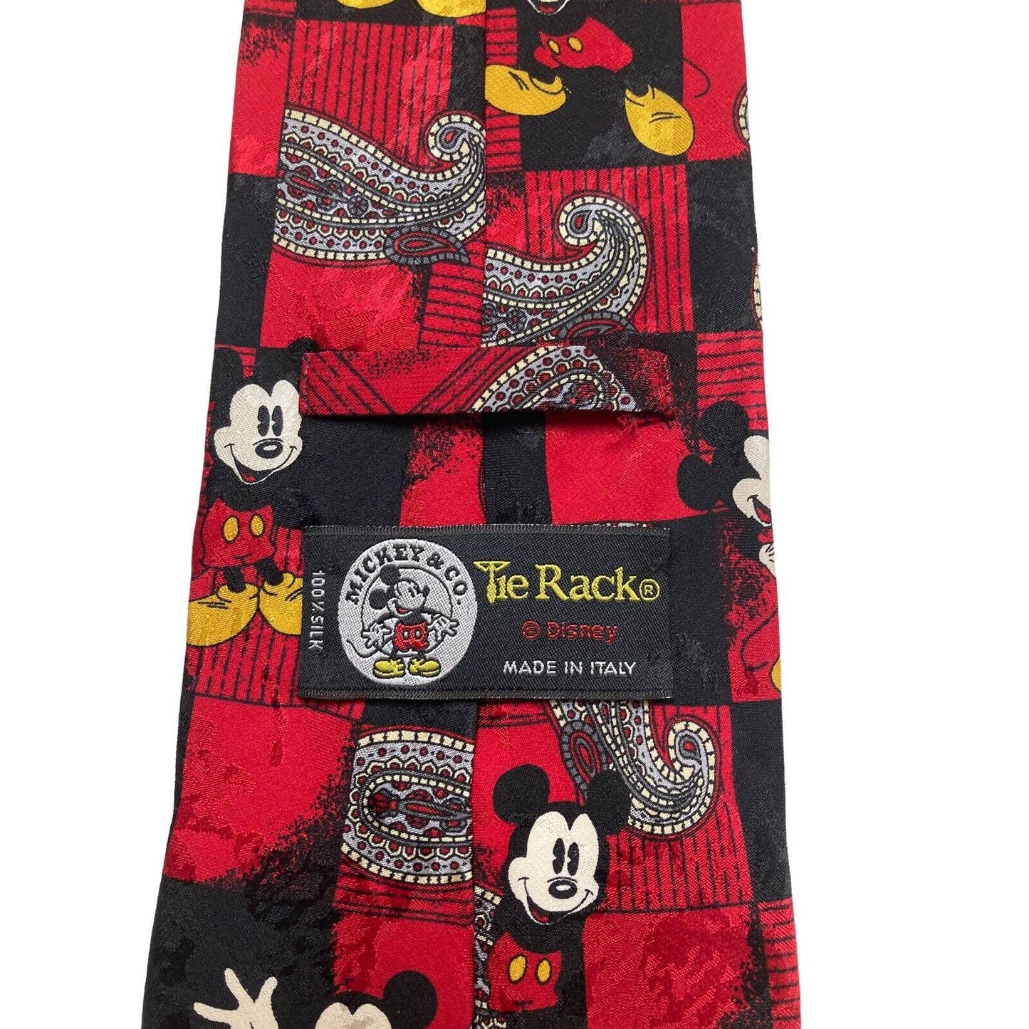 Disney Tie Rack Mickey Mouse Paisley Novelty Vintage Necktie 100% Silk Black Red