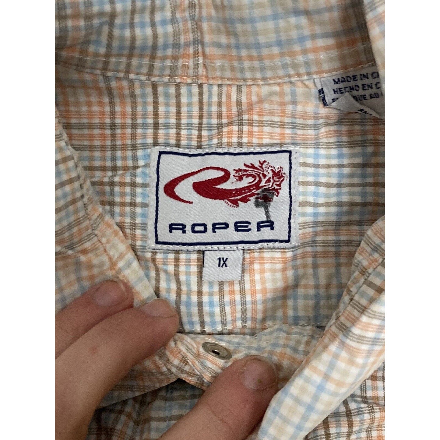 Roper Mens Plaid Pearl Snaps Long Sleeve Shirt 1X Orange Blue