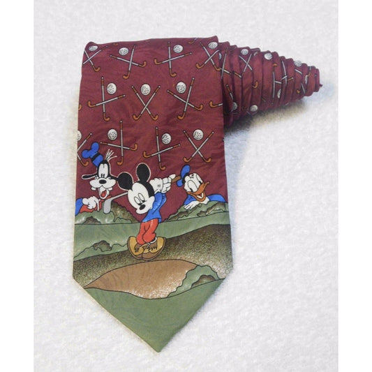 Disney Mickey Unlimited Red Mickey Mouse Goofy Donald Duck Golf Tie Men Necktie
