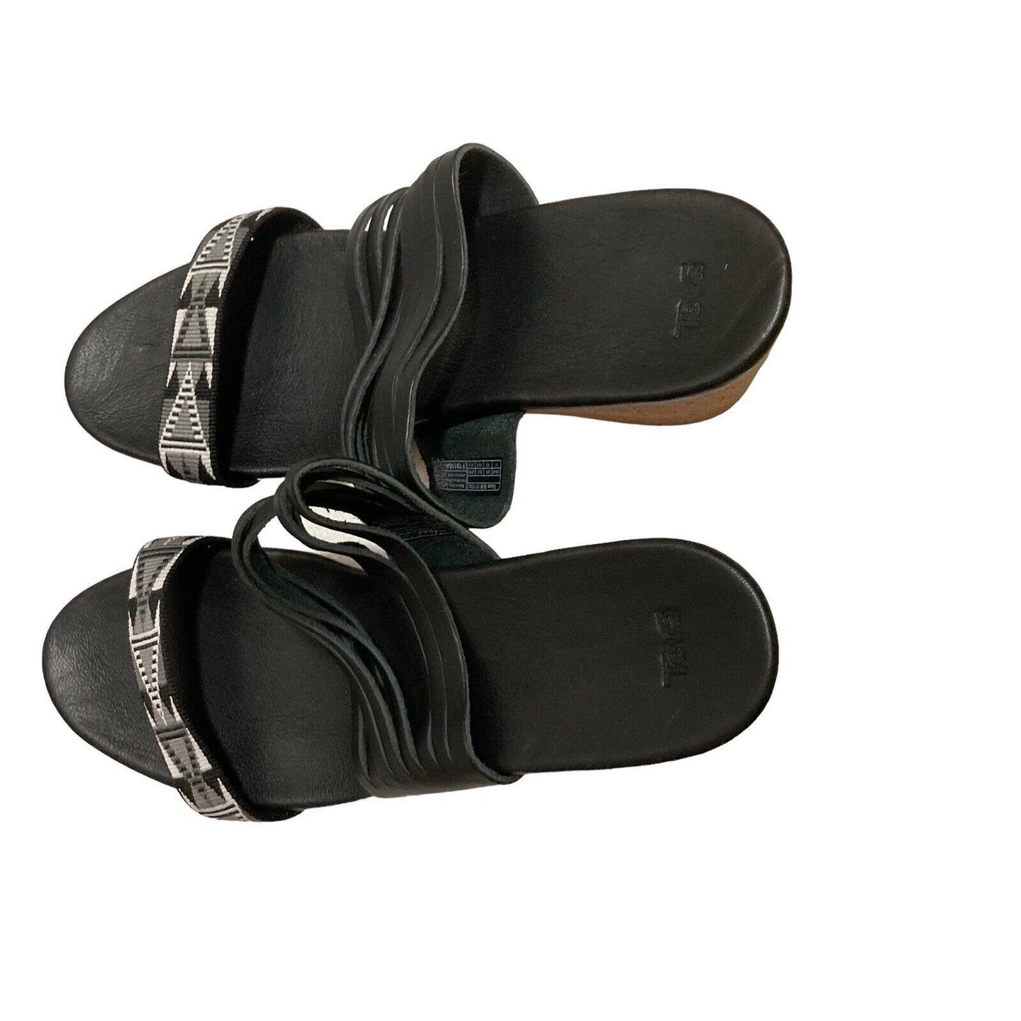 Teva Women Size 11 Arrabelle Black Leather Cork Wedge Aztec Slides Sandals