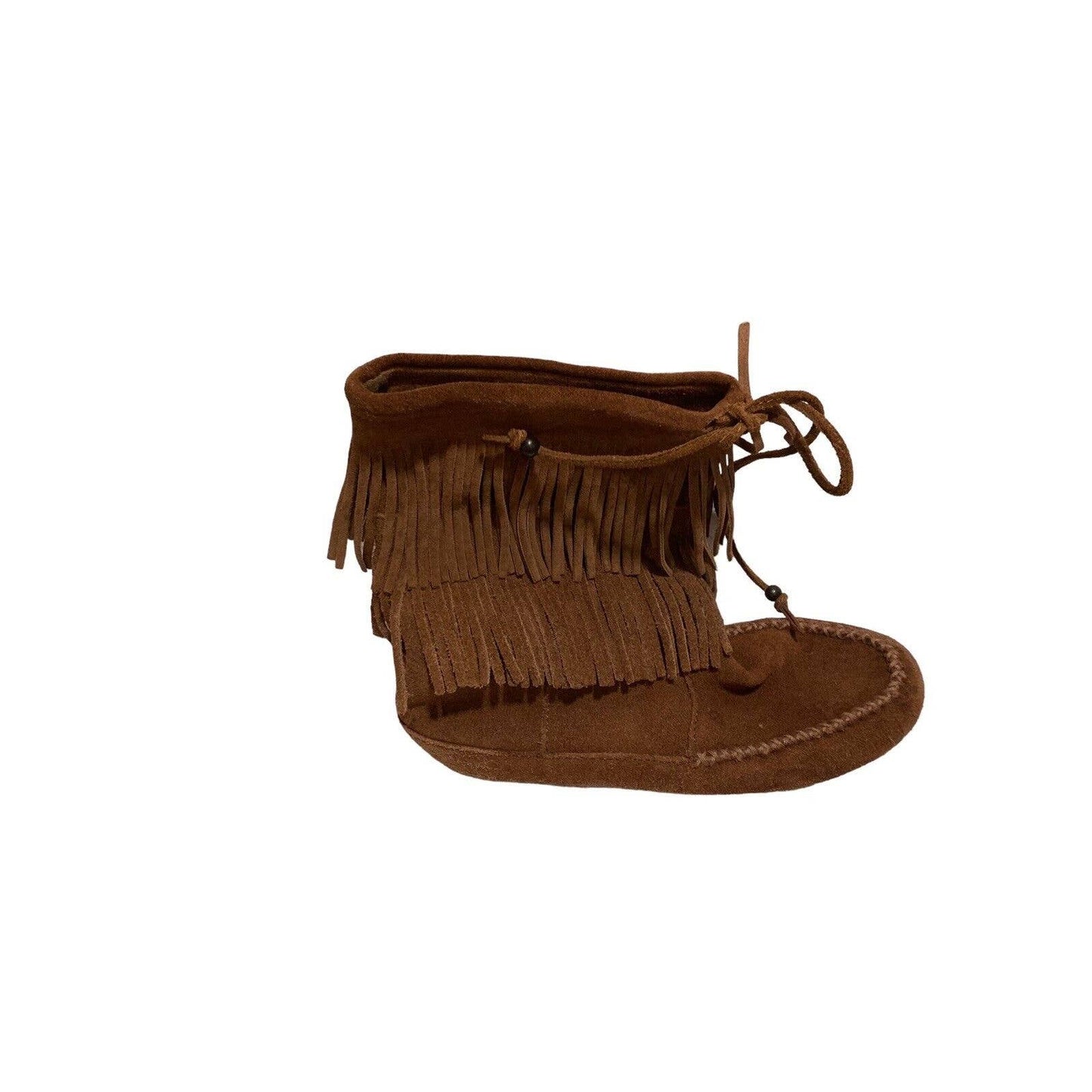 Minnetonka Boots Fringe Mid Calf Camel Leather Suede Round Moc Toe Tie Size 6.5