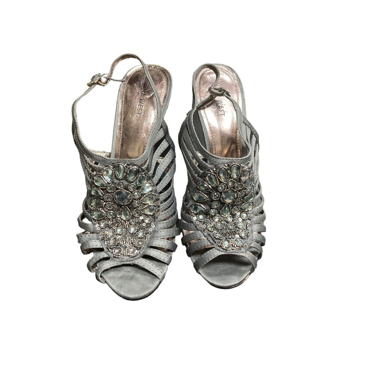 Nine West Women's Areli Silver Dress Jeweled Heeled Sandals Size 8.5M