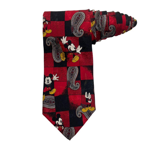 Disney Tie Rack Mickey Mouse Paisley Novelty Vintage Necktie 100% Silk Black Red