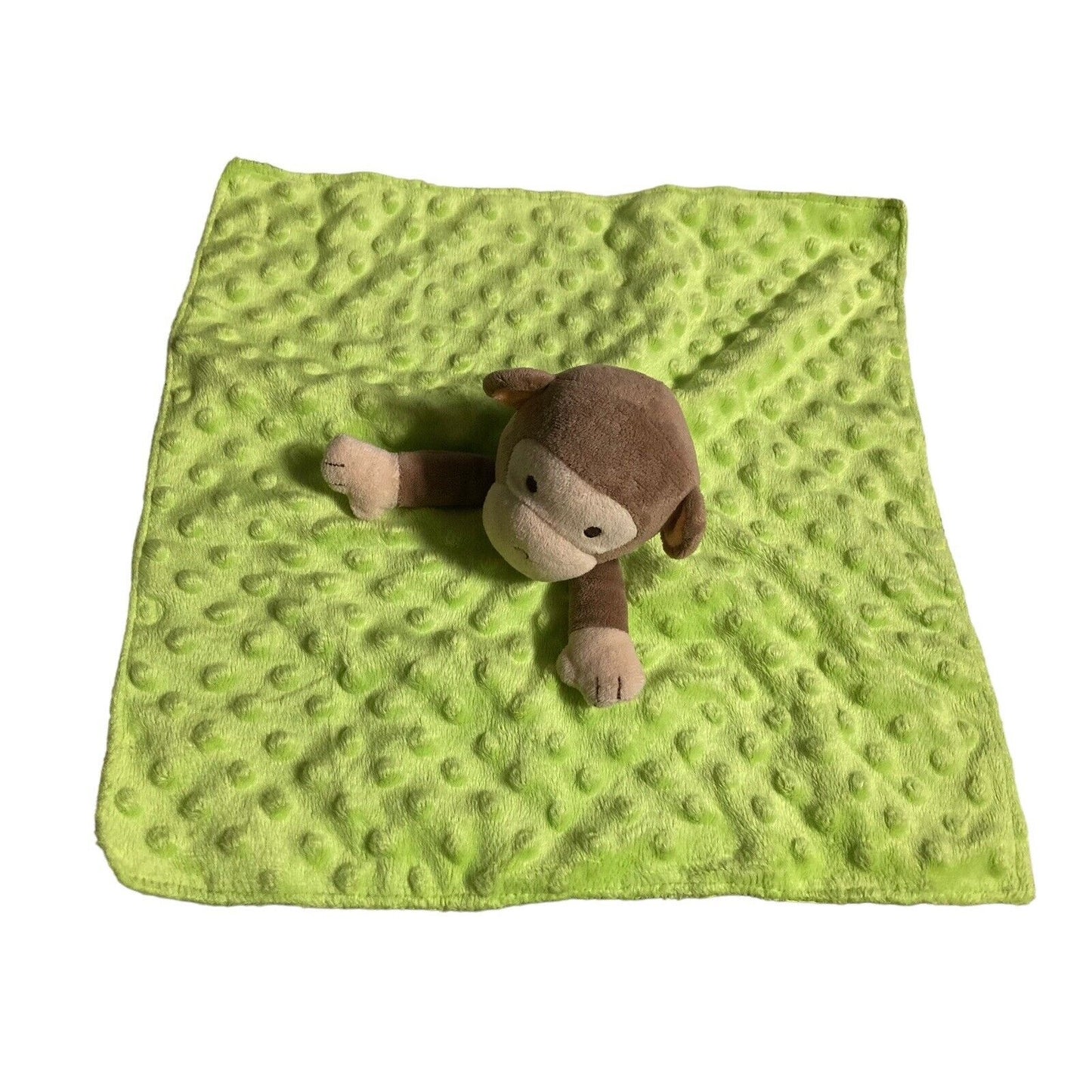 Okie Dokie Monkey Lovey Security Blanket Green Minky Dots Satin Back 14" Rattles