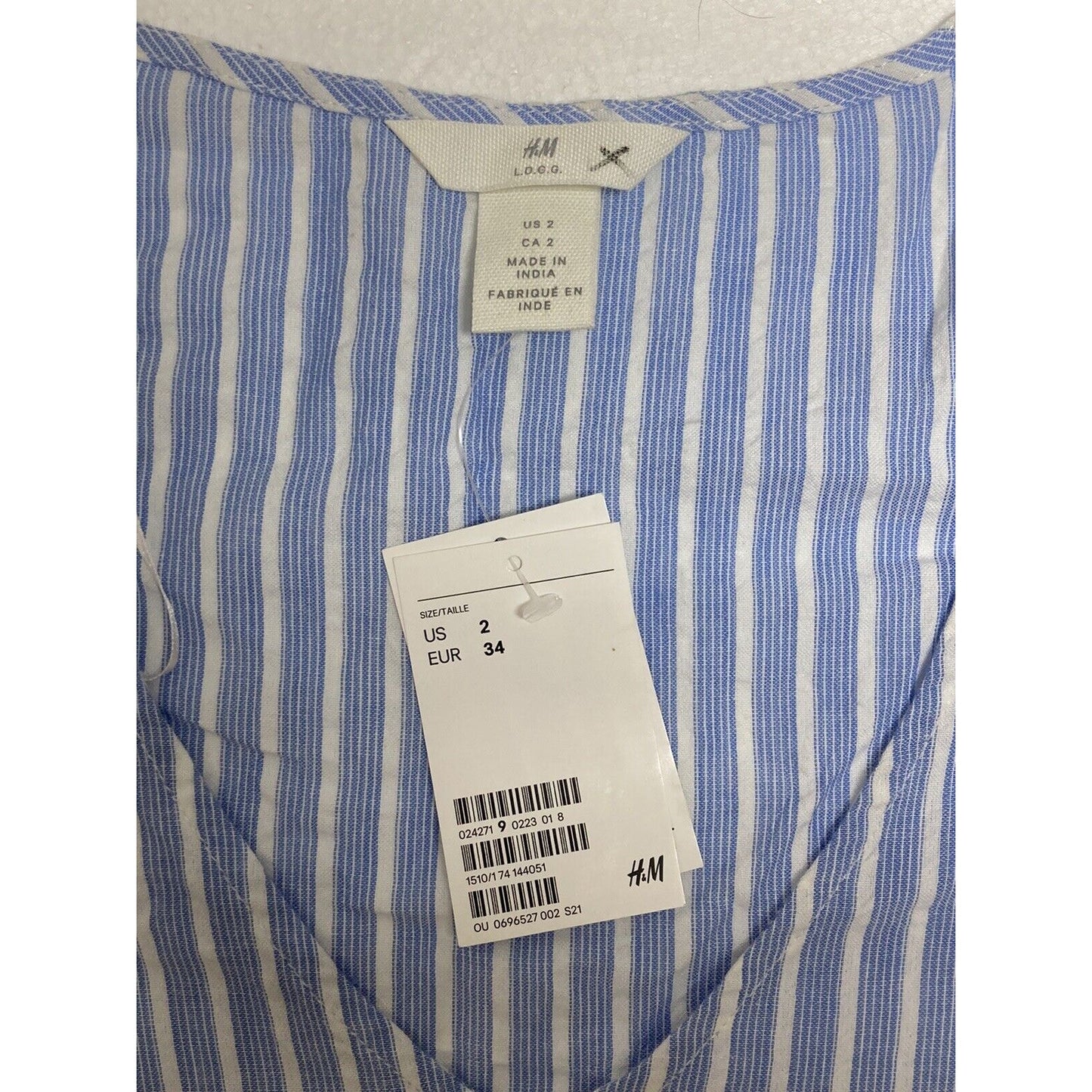 H&M LOGG V Neck Blue White Striped Tie Sleeves Blouse Size 2